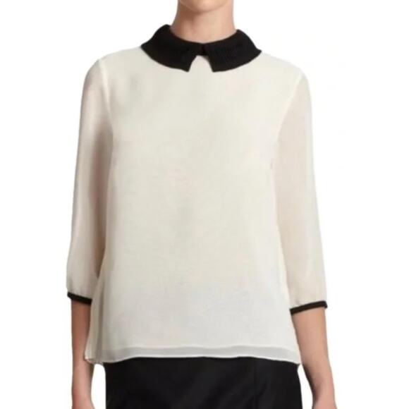 Ted Baker Jenya Blouse S Off White Black Pleated Peter Pan Collar Modest Chic - Picture 1 of 16